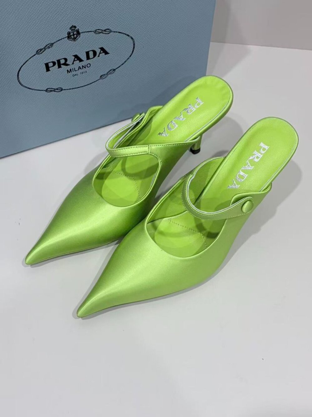 Prada Vivid Light Green Satin Mules Adjustable Strap Kitten Heel Luxury Heels